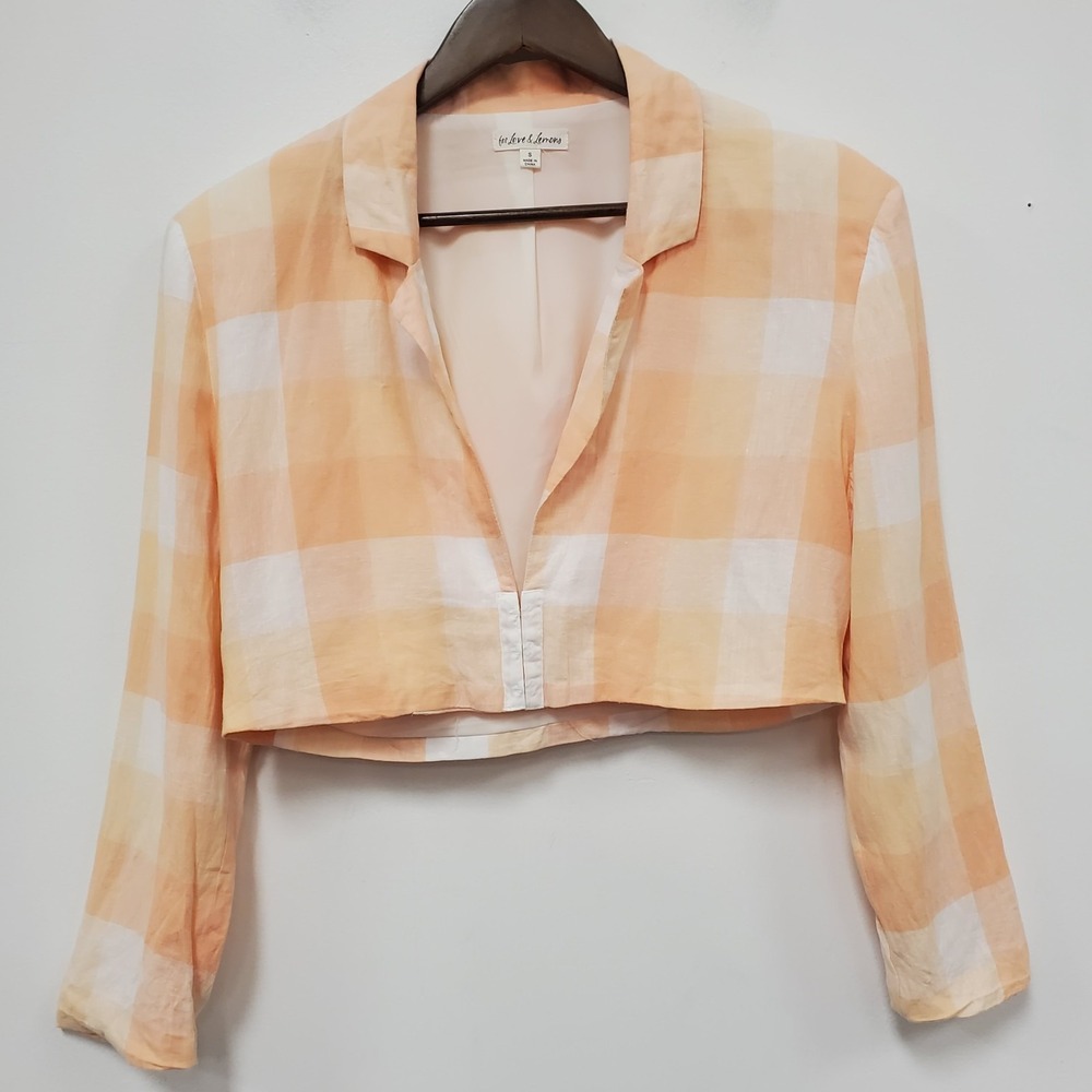 For Love & Lemons Womens Eugene Cropped Linen Blazer Top Size S Orange Checkered
